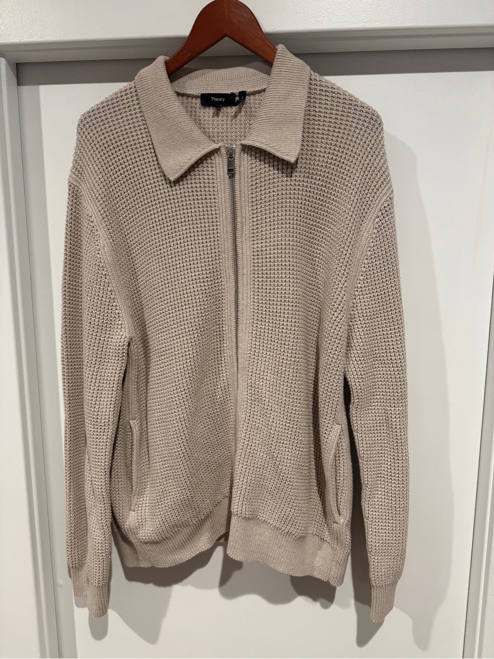 Theory Men's Beige Zip-Up Waffle Knit Sweater